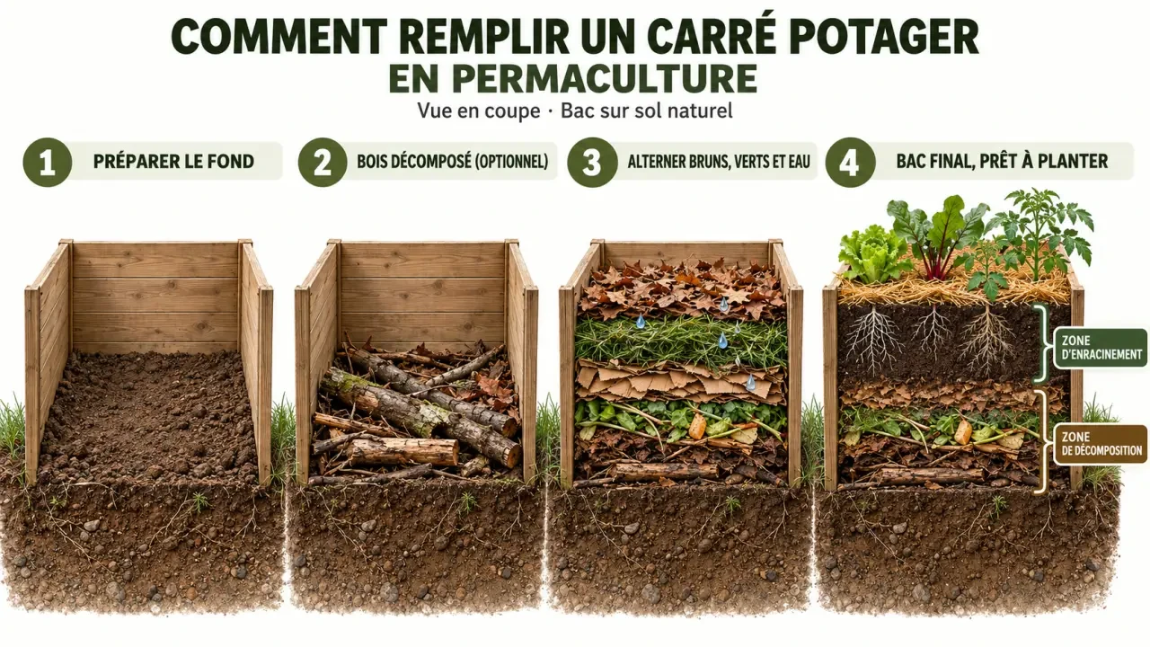 Remplir un carré potager en permaculture par couches avec terre enrichie et paillage