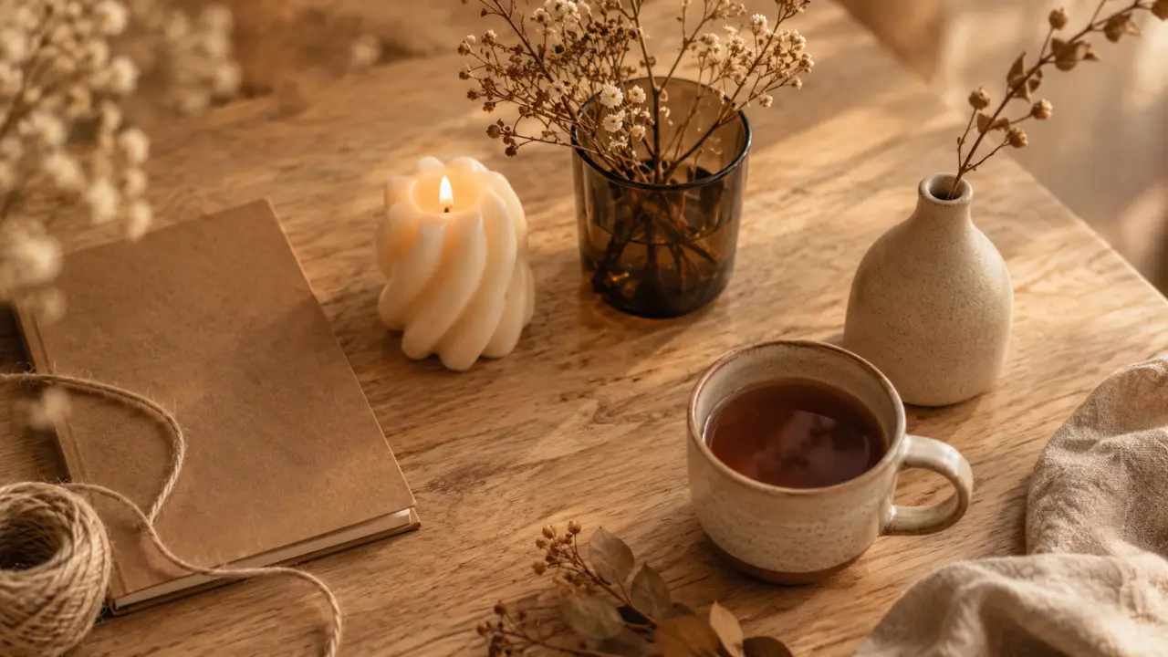 Idée cadeau déco : bougie, vase et carnet sur table en bois
