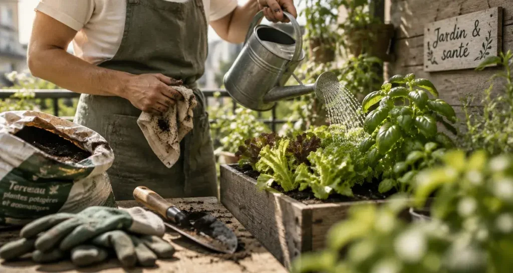 Jardinage et santé : arrosage de salades et basilic sur balcon, mains terreuses
