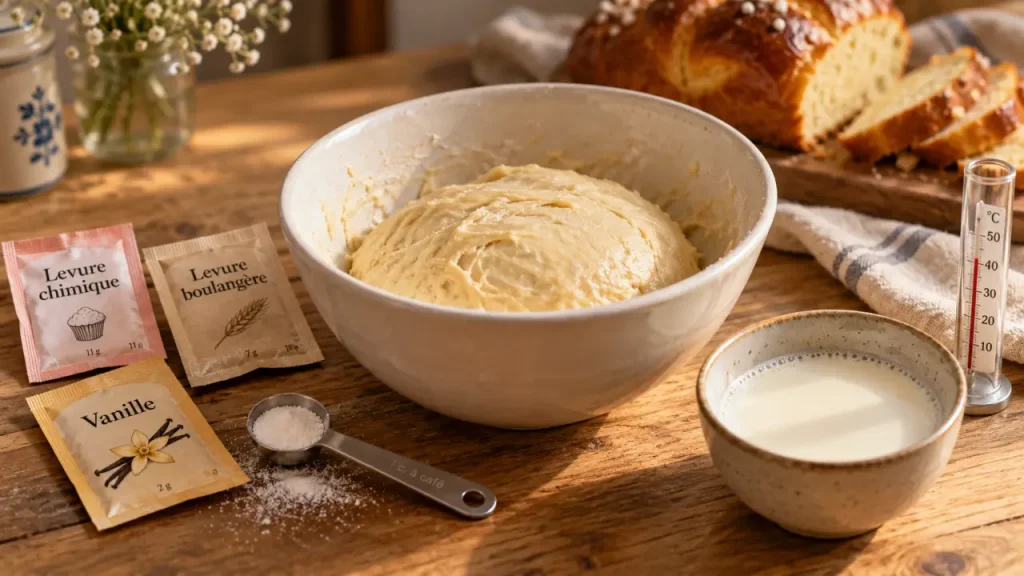 Levure boulangère pour gateau : pâte levée, sachets et lait tiède sur table