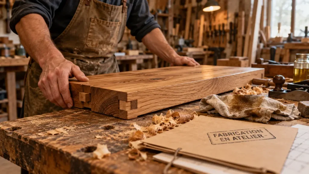 Meuble artisanal en atelier : artisan pose une planche de chêne massif sur l’établi