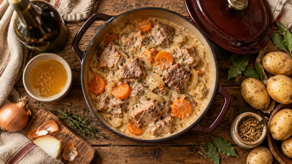 Porc au cidre normandie mijoté en cocotte, fondant