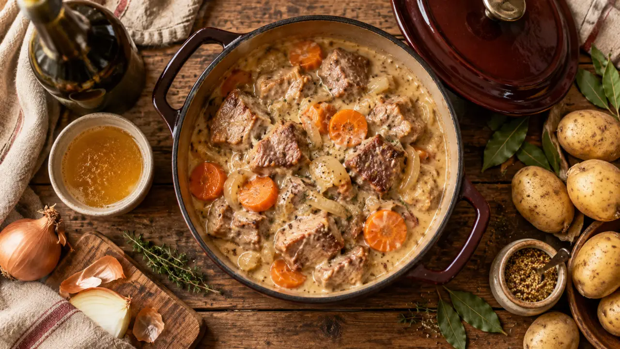 Porc au cidre normandie mijoté en cocotte, fondant