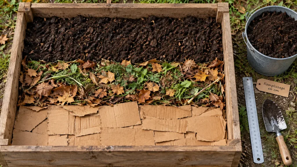 Remplir carré potager permaculture : couches en cm, vue de dessus