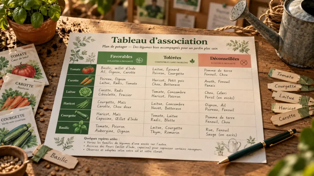 Tableau association légumes potager à imprimer : Favorables, Tolérées, Déconseillées (3 couleurs)