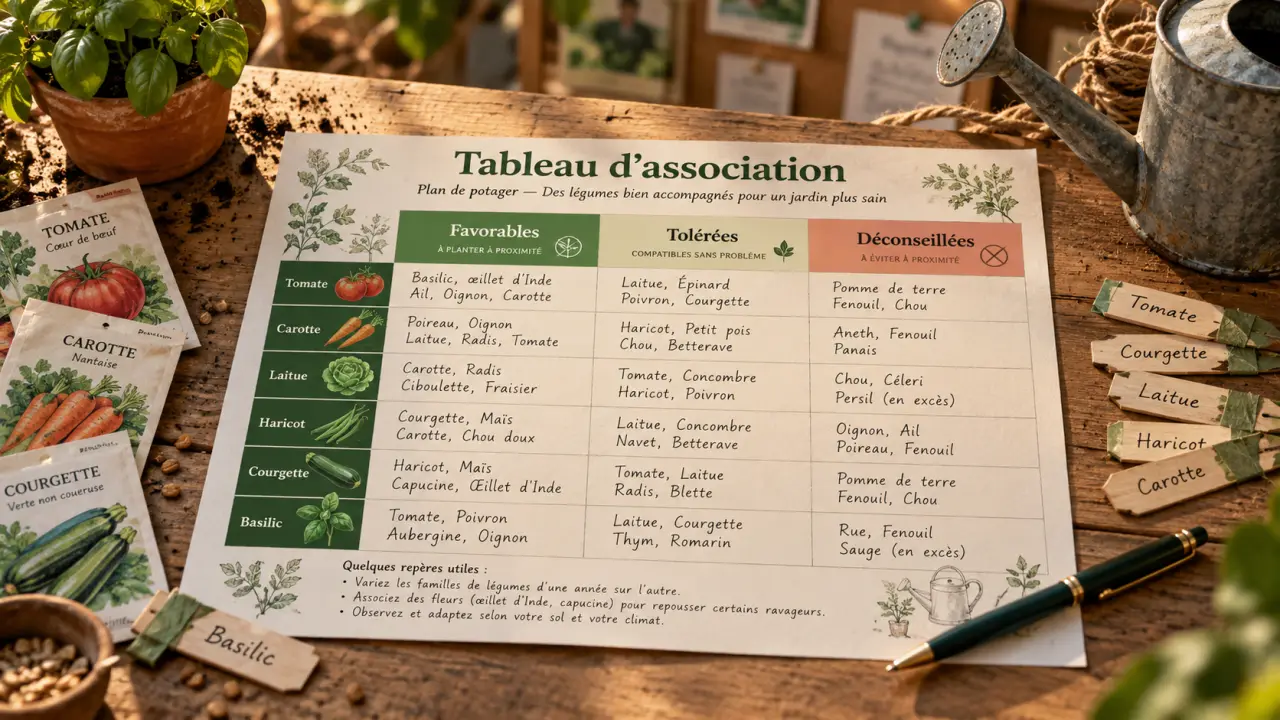Tableau association légumes potager à imprimer : Favorables, Tolérées, Déconseillées (3 couleurs)