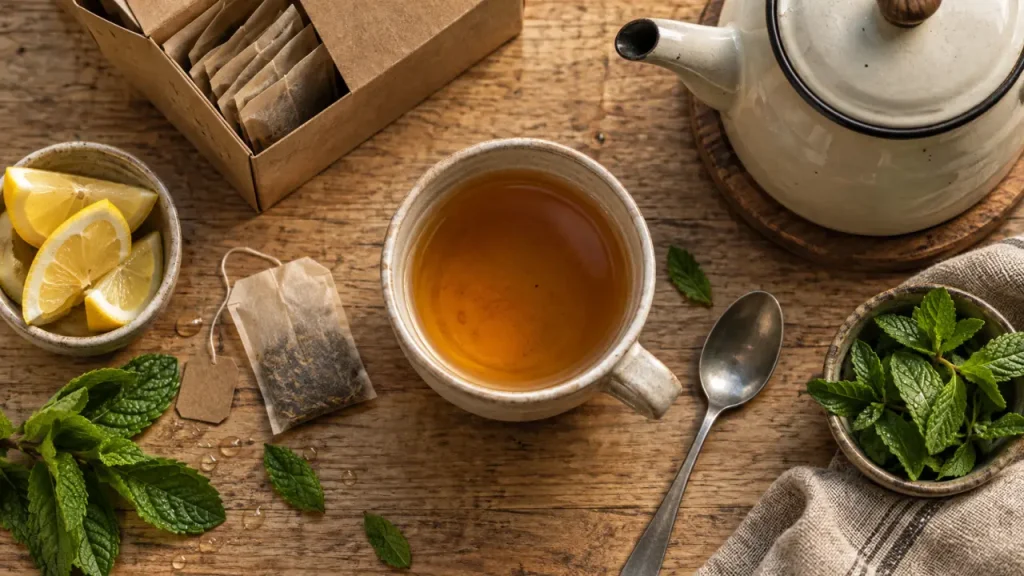 Tisane jardin bio infusée à 95°C en tasse ambrée